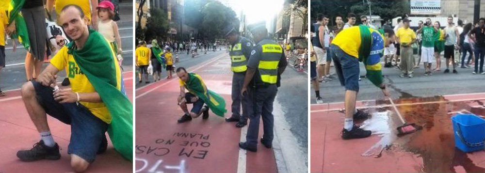 Manifestante em defesa do impeachment que posou para fotos enquanto pichava a ciclovia durante protesto contra o governo Dilma na Avenida Paulista foi obrigado pela Polícia Militar a lavar toda a sujeira (Foto: Gisele Federicce) Manifestante em defesa do impeachment que posou para fotos enquanto pichava a ciclovia durante protesto contra o governo Dilma na Avenida Paulista foi obrigado pela Polícia Militar a lavar toda a sujeira