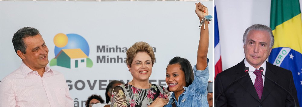 Em discurso no qual confrontou diretamente o presidente da Câmara, Eduardo Cunha, a quem chamou de corrupto, a presidente Dilma Rousseff se dirigiu também ao vice Michel Temer, que, segundo ela, dá "um golpe nos brasileiros"; "Esse impeachment que é golpe, na verdade ele é uma tentativa de fazer uma eleição indireta, por aqueles que não têm voto. Se eles querem chegar ao poder e não tem crime, só tem um caminho: ganhe o voto. Vão pra frente do povo e digam o que vocês querem. Mas eles não dizem, porque o que eles querem é sentar na minha cadeira, mas sem voto. É claro que isso é muito confortável", afirmou Dilma em Salvador, em cerimônia do Minha Casa, Minha Vida (Foto: Romulo Faro) Em discurso no qual confrontou diretamente o presidente da Câmara, Eduardo Cunha, a quem chamou de corrupto, a presidente Dilma Rousseff se dirigiu também ao vice Michel Temer, que, segundo ela, dá "um golpe nos brasileiros"; "Esse impeachment que é golpe, na verdade ele é uma tentativa de fazer uma eleição indireta, por aqueles que não têm voto. Se eles querem chegar ao poder e não tem crime, só tem um caminho: ganhe o voto. Vão pra frente do povo e digam o que vocês querem. Mas eles não dizem, porque o que eles querem é sentar na minha cadeira, mas sem voto. É claro que isso é muito confortável", afirmou Dilma em Salvador, em cerimônia do Minha Casa, Minha Vida