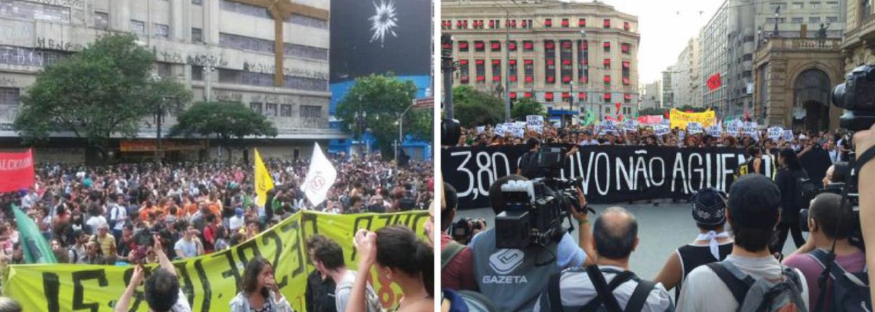 Manifestantes protestam no centro da capital paulista contra o reajuste da tarifa de ônibus e metrô; "R$ 3,80 a juventude não aguenta", diz um cartaz; ato foi organizado pelo Movimento Passe Livre, que iniciou as manifestações de junho de 2013 (Foto: Gisele Federicce) Manifestantes protestam no centro da capital paulista contra o reajuste da tarifa de ônibus e metrô; "R$ 3,80 a juventude não aguenta", diz um cartaz; ato foi organizado pelo Movimento Passe Livre, que iniciou as manifestações de junho de 2013