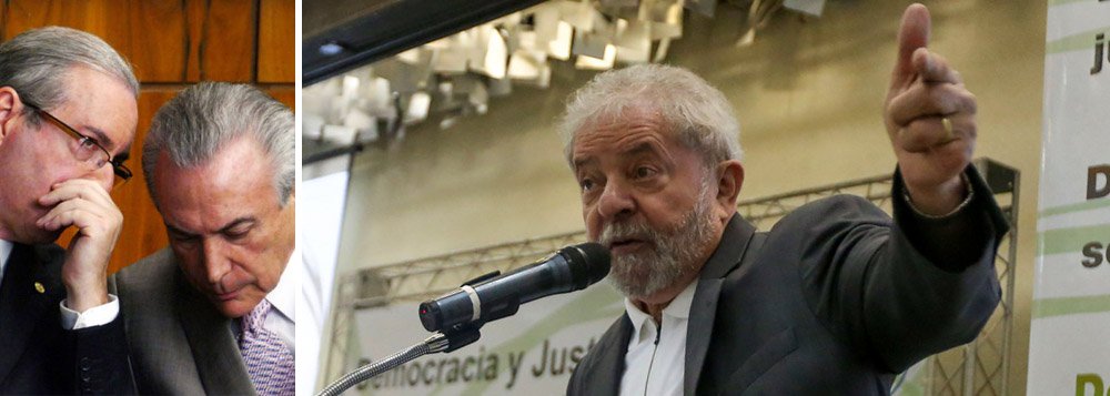 "Uma verdadeira quadrilha legislativa implantou a agenda do caos", disse o ex-presidente Lula, nesta manhã, ao fazer sua primeira manifestação pública após a aprovação do processo de impeachment, que ele definiu como "um gesto claro de vingança" de Eduardo Cunha; Lula disse ainda que um governo Michel Temer trará de volta uma agenda derrotada nas urnas; "A oposição derrotada por quatro vezes optou por uma atitude golpista, para voltar ao poder (…) voltar com a agenda neoliberal"; como Lula estava muito rouco, seu discurso foi lido por Luiz Dulci; ele também afirmou que o golpe "envergonha o Brasil aos olhos do mundo" (Foto: Leonardo Attuch) "Uma verdadeira quadrilha legislativa implantou a agenda do caos", disse o ex-presidente Lula, nesta manhã, ao fazer sua primeira manifestação pública após a aprovação do processo de impeachment, que ele definiu como "um gesto claro de vingança" de Eduardo Cunha; Lula disse ainda que um governo Michel Temer trará de volta uma agenda derrotada nas urnas; "A oposição derrotada por quatro vezes optou por uma atitude golpista, para voltar ao poder (…) voltar com a agenda neoliberal"; como Lula estava muito rouco, seu discurso foi lido por Luiz Dulci; ele também afirmou que o golpe "envergonha o Brasil aos olhos do mundo"