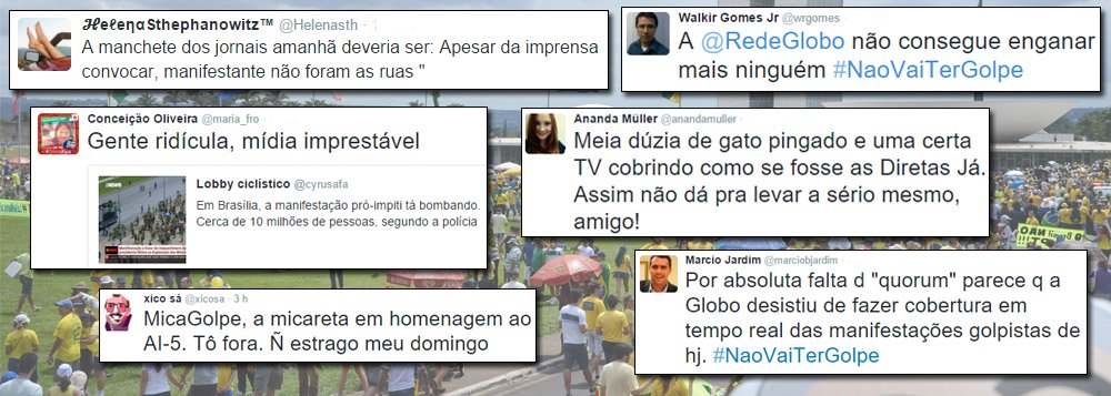 Emissora dos Marinho, que pretendia cobrir as manifestações de hoje como a apoteose das Diretas-Já, se surpreendeu com a constrangedora falta de público; sem ter o que mostrar nas manifestações que pretendia insuflar, Globonews preferiu mudar de assunto (Foto: Ana Pupulin) Emissora dos Marinho, que pretendia cobrir as manifestações de hoje como a apoteose das Diretas-Já, se surpreendeu com a constrangedora falta de público; sem ter o que mostrar nas manifestações que pretendia insuflar, Globonews preferiu mudar de assunto
