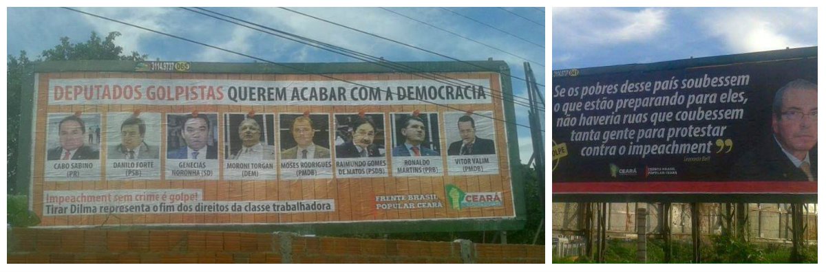 Cerca de 50 outdoors foram espalhados pela cidade e a partir de amanhã (15) devem ser veiculados anúncios nos jornais locais denunciando o golpe (Foto: Fatima 247) Cerca de 50 outdoors foram espalhados pela cidade e a partir de amanhã (15) devem ser veiculados anúncios nos jornais locais denunciando o golpe