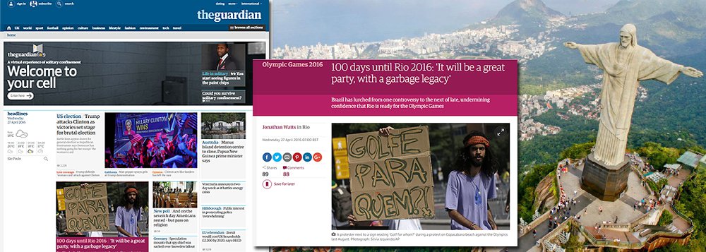 Reportagem da edição impressa do jornal britânico The Guardian diz que o Rio de Janeiro "entra na reta final olímpica parecendo mais uma clássica república de bananas do que uma economia emergente moderna a ponto de assumir seu lugar entre as principais do mundo"; entre os principais problemas enfrentados pelo Brasil estão a queda drástica do PIB, a votação pelo impeachment da presidente Dilma Rousseff, epidemia do vírus da zika e "declarações a favor da tortura, da misoginia e da ditadura militar feitas pelo político mais votado da cidade, Jair Bolsonaro" (Foto: Aquiles Lins) Reportagem da edição impressa do jornal britânico The Guardian diz que o Rio de Janeiro "entra na reta final olímpica parecendo mais uma clássica república de bananas do que uma economia emergente moderna a ponto de assumir seu lugar entre as principais do mundo"; entre os principais problemas enfrentados pelo Brasil estão a queda drástica do PIB, a votação pelo impeachment da presidente Dilma Rousseff, epidemia do vírus da zika e "declarações a favor da tortura, da misoginia e da ditadura militar feitas pelo político mais votado da cidade, Jair Bolsonaro"