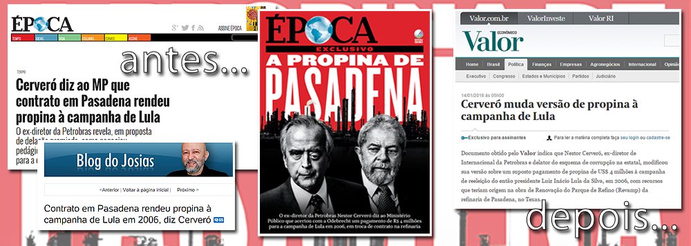 Em setembro do ano passado, a imprensa brasileira repercutiu com estardalhaço trechos do esboço de delação premiada de Nestor Cerveró, ex-diretor internacional da Petrobras; a acusação era que a campanha de Lula em 2006 havia recebido R$ 4 milhões da Odebrecht em contrapartida por obras na refinaria de Pasadena – o que mereceu até capa da revista Época; agora, sabe-se, pelo Valor Econômico, que esta informação não consta da delação oficial de Cerveró; ou seja: enquanto negociava seu acordo, Cerveró esquentava as acusações; ao ter que falar oficialmente, retirou a pimenta que fez a festa da imprensa engajada na destruição de Lula e das empreiteiras nacionais (Foto: Leonardo Attuch) www.brasil247.com - Em setembro do ano passado, a imprensa brasileira repercutiu com estardalhaço trechos do esboço de delação premiada de Nestor Cerveró, ex-diretor internacional da Petrobras; a acusação era que a campanha de Lula em 2006 havia recebido R$ 4 milhões da Odebrecht em contrapartida por obras na refinaria de Pasadena – o que mereceu até capa da revista Época; agora, sabe-se, pelo Valor Econômico, que esta informação não consta da delação oficial de Cerveró; ou seja: enquanto negociava seu acordo, Cerveró esquentava as acusações; ao ter que falar oficialmente, retirou a pimenta que fez a festa da imprensa engajada na destruição de Lula e das empreiteiras nacionais
