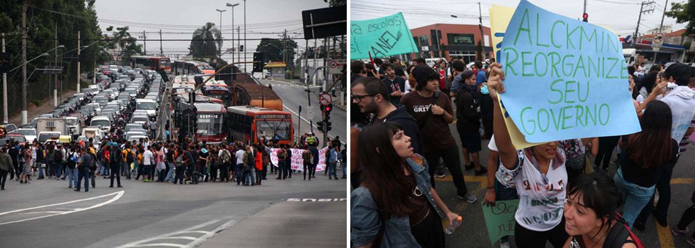 Uma manifestação organizada por estudantes da Universidade de São Paulo (USP) bloqueia o cruzamento da Avenida Vital Brasil e Rua do Alvarenga, na zona oeste da capital paulista; o grupo, de aproximadamente 100 pessoas, protesta contra a reorganização escolar promovida no ensino básico estadual, que levará ao fechamento de 93 escolas (Foto: Gisele Federicce) Uma manifestação organizada por estudantes da Universidade de São Paulo (USP) bloqueia o cruzamento da Avenida Vital Brasil e Rua do Alvarenga, na zona oeste da capital paulista; o grupo, de aproximadamente 100 pessoas, protesta contra a reorganização escolar promovida no ensino básico estadual, que levará ao fechamento de 93 escolas