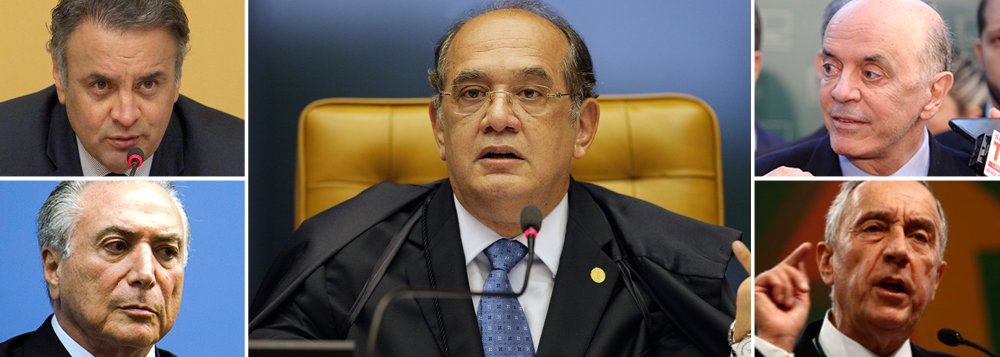 Ministro do Supremo Tribunal Federal diz que o encontro realizado em Lisboa com os principais artífices do golpe no Brasil, como os senadores tucanos Aécio Neves e José Serra, não é uma "conspiração" contra o governo da presidente Dilma Rousseff, mas "um encontro para debater ideias e trocar conhecimentos com a comunidade internacional"; alguns nomes que constavam como oradores na programação do IV Seminário Luso Brasileiro de Direito, que começa na próxima terça, porém, desistiram de participar, como o vice-presidente Michel Temer e o presidente de Portugal, Marcelo Rebelo de Souza (Foto: Gisele Federicce) Ministro do Supremo Tribunal Federal diz que o encontro realizado em Lisboa com os principais artífices do golpe no Brasil, como os senadores tucanos Aécio Neves e José Serra, não é uma "conspiração" contra o governo da presidente Dilma Rousseff, mas "um encontro para debater ideias e trocar conhecimentos com a comunidade internacional"; alguns nomes que constavam como oradores na programação do IV Seminário Luso Brasileiro de Direito, que começa na próxima terça, porém, desistiram de participar, como o vice-presidente Michel Temer e o presidente de Portugal, Marcelo Rebelo de Souza