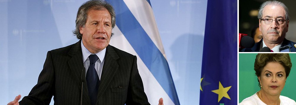 Secretário-geral da Organização dos Estados Americanos, Luis Almagro alerta para o caráter surreal do golpe em curso no Brasil; segundo ele, o que se vê no Brasil é "a realização de um processo de impeachment de uma presidente Dilma Rousseff que não é acusada de nada, não responde por nenhum ato ilegal"; "É algo que verdadeiramente nos preocupa, sobretudo porque vemos que entre os que podem acionar o processo de impeachment existem congressistas acusados e culpados. É o mundo ao contrário", disse; ou seja: no Brasil, são políticos corruptos, comandados por Eduardo Cunha (PMDB-RJ), que podem cassar a presidente honesta, que permitiu o combate à corrupção (Foto: Roberta Namour) Secretário-geral da Organização dos Estados Americanos, Luis Almagro alerta para o caráter surreal do golpe em curso no Brasil; segundo ele, o que se vê no Brasil é "a realização de um processo de impeachment de uma presidente Dilma Rousseff que não é acusada de nada, não responde por nenhum ato ilegal"; "É algo que verdadeiramente nos preocupa, sobretudo porque vemos que entre os que podem acionar o processo de impeachment existem congressistas acusados e culpados. É o mundo ao contrário", disse; ou seja: no Brasil, são políticos corruptos, comandados por Eduardo Cunha (PMDB-RJ), que podem cassar a presidente honesta, que permitiu o combate à corrupção