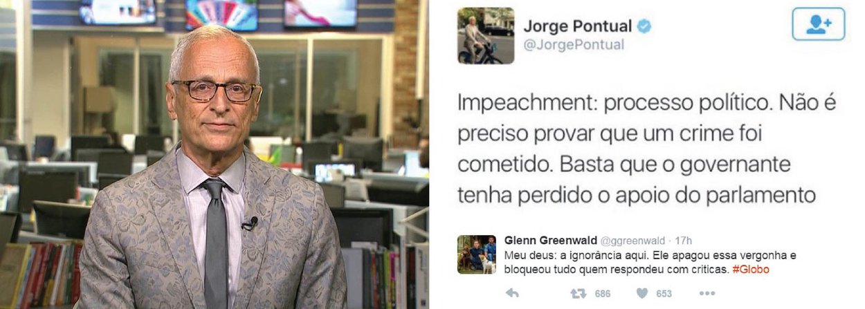 Após ter tuitado a frase "Impedimento: processo político. Não é necessário preciso provar que um crime foi cometido. Basta que o governante tenha perdido o apoio do Parlamento", o jornalista passou a ser alvo de críticas e apagou o post; um dos críticos foi o jornalista Glenn Greenwald, que falou em "ignorância" de Pontual pelo comentário; "Ele apagou essa vergonha e bloqueou tudo quem respondeu com críticas", disse Glenn (Foto: Gisele Federicce) Após ter tuitado a frase "Impedimento: processo político. Não é necessário preciso provar que um crime foi cometido. Basta que o governante tenha perdido o apoio do Parlamento", o jornalista passou a ser alvo de críticas e apagou o post; um dos críticos foi o jornalista Glenn Greenwald, que falou em "ignorância" de Pontual pelo comentário; "Ele apagou essa vergonha e bloqueou tudo quem respondeu com críticas", disse Glenn