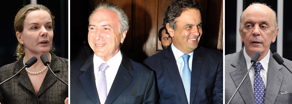 Em discurso no plenário nesta semana, a senadora Gleisi Hoffmann (PT-PR) apontou o que seria um "acordão" entre PSDB e PMDB para que, com a saída da presidente Dilma Rousseff, "já haver um governo montado e as coisas pararem por aí, sem mais revanches, e o País tornar à situação de normalidade"; "Qual normalidade? A normalidade de parar as investigações?", questionou Gleisi; segundo o jornalista Rodrigo Vianna, o senador Aécio Neves (PSDB-MG), ameaçado na Lava Jato, "tenta derrubar Dilma porque Michel Temer prometeu frear investigação"; senador José Serra (PSDB-SP) também declarou, no início da semana, que Temer prometeu não fazer caça às bruxas em um eventual governo; nesta terça, Aécio e Temer se reuniram em São Paulo para discutir o futuro (Foto: Gisele Federicce) Em discurso no plenário nesta semana, a senadora Gleisi Hoffmann (PT-PR) apontou o que seria um "acordão" entre PSDB e PMDB para que, com a saída da presidente Dilma Rousseff, "já haver um governo montado e as coisas pararem por aí, sem mais revanches, e o País tornar à situação de normalidade"; "Qual normalidade? A normalidade de parar as investigações?", questionou Gleisi; segundo o jornalista Rodrigo Vianna, o senador Aécio Neves (PSDB-MG), ameaçado na Lava Jato, "tenta derrubar Dilma porque Michel Temer prometeu frear investigação"; senador José Serra (PSDB-SP) também declarou, no início da semana, que Temer prometeu não fazer caça às bruxas em um eventual governo; nesta terça, Aécio e Temer se reuniram em São Paulo para discutir o futuro