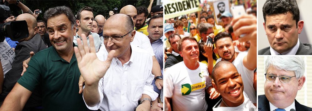Como o pau da Justiça que bate em Chico (o PT) não bate em Francisco (o PSDB), ao contrário do que prometia fazer o procurador-geral Rodrigo Janot, dois tucanos com ambições presidenciais, Aécio Neves e Geraldo Alckmin, imaginaram que poderiam cavalgar as massas em fúria na Paulista, mas saíram de lá escorraçados; o episódio foi didático para ambos aprenderem, na marra, como a antipolítica prepara o terreno para projetos fascistas, como o de Jair Bolsonaro, ou de salvadores da Pátria, como o juiz Sergio Moro; agora, é hora de as forças políticas responsáveis do País tentarem construir uma reforma política séria, que ponha fim à atual relação entre Executivo e Legislativo, implodida pela Lava Jato (Foto: Leonardo Attuch) Como o pau da Justiça que bate em Chico (o PT) não bate em Francisco (o PSDB), ao contrário do que prometia fazer o procurador-geral Rodrigo Janot, dois tucanos com ambições presidenciais, Aécio Neves e Geraldo Alckmin, imaginaram que poderiam cavalgar as massas em fúria na Paulista, mas saíram de lá escorraçados; o episódio foi didático para ambos aprenderem, na marra, como a antipolítica prepara o terreno para projetos fascistas, como o de Jair Bolsonaro, ou de salvadores da Pátria, como o juiz Sergio Moro; agora, é hora de as forças políticas responsáveis do País tentarem construir uma reforma política séria, que ponha fim à atual relação entre Executivo e Legislativo, implodida pela Lava Jato