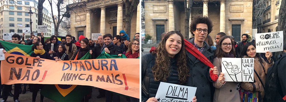 Cerca de uma centena de brasileiros que vivem em Paris se reuniram nas proximidades do Consulado Geral do Brasil para demonstrar sua contrariedade à tentativa de golpe em curso no país; com cartazes e faixas, brasileiros pediam defesa da democracia e declaravam apoio ao ex-presidente Lula e à presidente Dilma Rousseff; nenhum dos correspondentes da grande imprensa brasileira em Paris acompanharam o ato (Foto: Aquiles Lins) Cerca de uma centena de brasileiros que vivem em Paris se reuniram nas proximidades do Consulado Geral do Brasil para demonstrar sua contrariedade à tentativa de golpe em curso no país; com cartazes e faixas, brasileiros pediam defesa da democracia e declaravam apoio ao ex-presidente Lula e à presidente Dilma Rousseff; nenhum dos correspondentes da grande imprensa brasileira em Paris acompanharam o ato