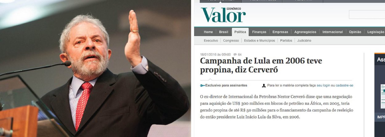 Ex-presidente nega fazer parte da Lava Jato ao responder a reportagem "Campanha de Lula em 2006 teve propina, diz Cerveró", publicada pelo jornal; em nota, o Instituto Lula afirma que "a história narrada nestes papéis, de procedência ilegal e duvidosa, é requentada e sequer foi confirmada pelo delator"; e que sua publicação "serve apenas para alimentar uma campanha de difamação, sem provas nem indícios, com claras motivações políticas, contra o maior líder popular do país" (Foto: Gisele Federicce) Ex-presidente nega fazer parte da Lava Jato ao responder a reportagem "Campanha de Lula em 2006 teve propina, diz Cerveró", publicada pelo jornal; em nota, o Instituto Lula afirma que "a história narrada nestes papéis, de procedência ilegal e duvidosa, é requentada e sequer foi confirmada pelo delator"; e que sua publicação "serve apenas para alimentar uma campanha de difamação, sem provas nem indícios, com claras motivações políticas, contra o maior líder popular do país"