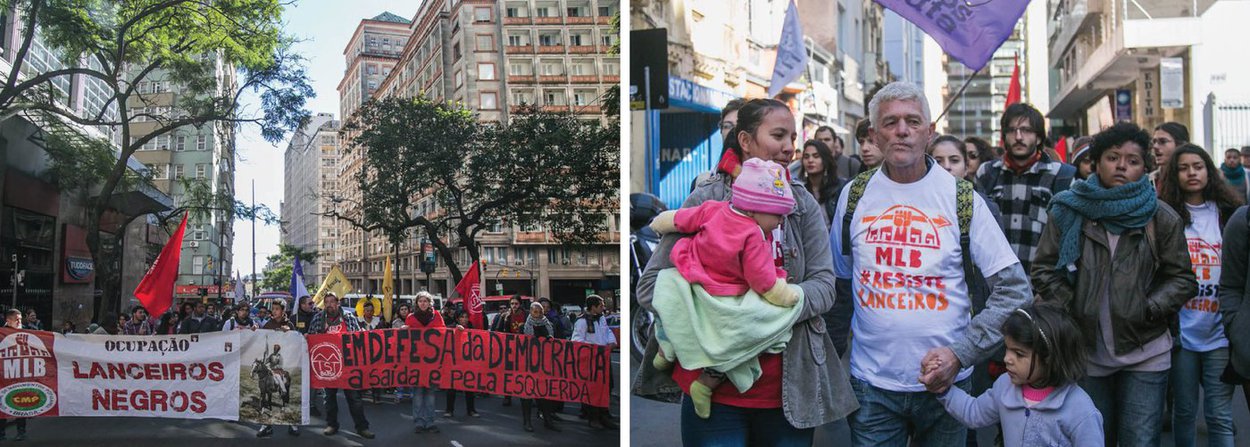 Moradores da ocupação Lanceiros Negros e representantes de movimentos sociais realizaram um ato no Centro de Porto Alegre para demarcar a posição de que irão resistir à reintegração de posse determinada em decisão judicial; os manifestantes bloquearam temporariamente as vias Andrade Neves e Borges de Medeiros durante a manhã e encerraram o ato em frente ao Palácio Piratini; “Todas as famílias decidiram por resistir. Nós já começamos a fechar o prédio, comprar mantimentos para ficar no prédio fechado. Se a gente precisar ficar uma semana, dez dias, nós vamos ficar”, afirma Nana Sanches, coordenadora do Movimento Livre nos Bairros, Vilas e Favelas (MLB), que lidera a ocupação (Foto: Leonardo Lucena) Moradores da ocupação Lanceiros Negros e representantes de movimentos sociais realizaram um ato no Centro de Porto Alegre para demarcar a posição de que irão resistir à reintegração de posse determinada em decisão judicial; os manifestantes bloquearam temporariamente as vias Andrade Neves e Borges de Medeiros durante a manhã e encerraram o ato em frente ao Palácio Piratini; “Todas as famílias decidiram por resistir. Nós já começamos a fechar o prédio, comprar mantimentos para ficar no prédio fechado. Se a gente precisar ficar uma semana, dez dias, nós vamos ficar”, afirma Nana Sanches, coordenadora do Movimento Livre nos Bairros, Vilas e Favelas (MLB), que lidera a ocupação