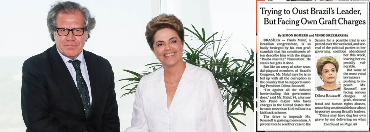 Durante encontro com a presidente Dilma Rousseff nesta sexta-feira, o secretário-geral da Organização dos Estados Americanos, Luis Almagro, se manifestou contra o impeachment alegando "falta de certeza jurídica para as acusações" e inconsistência no pedido; "Do ponto de vista ético, encontramos algo que nos chama profundamente a atenção. Aqui temos uma pessoa que não tem nenhuma acusação, imputação, julgamento, e encontramos entre os que vão julgar imputados, indagados, julgados", disse; nesta manhã, reportagem do The New York Times, maior jornal do mundo, também apontou que Dilma, honesta, está sendo julgada por criminosos como Eduardo Cunha, que, nesta sexta-feira, foi denunciado por mais um delator, que o acusou de receber propina de R$ 52 milhões em 36 parcelas (Foto: Gisele Federicce) Durante encontro com a presidente Dilma Rousseff nesta sexta-feira, o secretário-geral da Organização dos Estados Americanos, Luis Almagro, se manifestou contra o impeachment alegando "falta de certeza jurídica para as acusações" e inconsistência no pedido; "Do ponto de vista ético, encontramos algo que nos chama profundamente a atenção. Aqui temos uma pessoa que não tem nenhuma acusação, imputação, julgamento, e encontramos entre os que vão julgar imputados, indagados, julgados", disse; nesta manhã, reportagem do The New York Times, maior jornal do mundo, também apontou que Dilma, honesta, está sendo julgada por criminosos como Eduardo Cunha, que, nesta sexta-feira, foi denunciado por mais um delator, que o acusou de receber propina de R$ 52 milhões em 36 parcelas