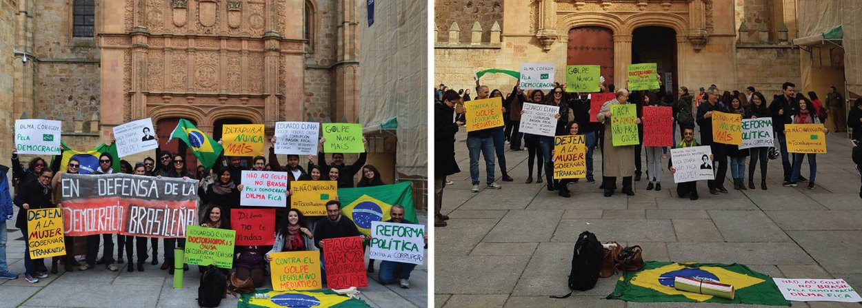 Diante de sua fachada histórica, residentes, estudantes e investigadores da Universidade de Salamanca, uma das instituições que mais acolhem estudantes e investigadores brasileiros na Europa, se uniram às massivas mobilizações ao redor do mundo contra o grave processo de ruptura da legalidade atualmente em curso no Brasil (Foto: Gisele Federicce) Diante de sua fachada histórica, residentes, estudantes e investigadores da Universidade de Salamanca, uma das instituições que mais acolhem estudantes e investigadores brasileiros na Europa, se uniram às massivas mobilizações ao redor do mundo contra o grave processo de ruptura da legalidade atualmente em curso no Brasil