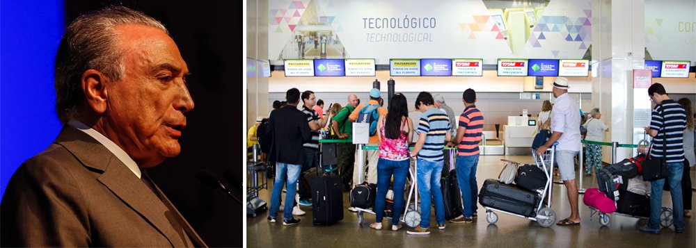 Dentre os sete maiores mercados aéreos do mundo, o Brasil foi o único país a registrar queda no número de passageiros domésticos em 2016, segundo dados da Associação Internacional de Transporte Aéreo (Iata); "Viagens aéreas domésticas do Brasil foram as únicas a mostrar uma queda em 2016, refletindo a situação econômica do país", pontuou a Iata em um relatório sobre o setor; entidade destacou, ainda, que a queda ao longo do exercício passado foi de 5,5%, graças ao agravamento da recessão pós-golpe parlamentar que levou Michel Temer ao poder; média mundial, contudo, registrou um crescimento de 5,7% nas viagens domésticas (Foto: Paulo Emílio) Dentre os sete maiores mercados aéreos do mundo, o Brasil foi o único país a registrar queda no número de passageiros domésticos em 2016, segundo dados da Associação Internacional de Transporte Aéreo (Iata); "Viagens aéreas domésticas do Brasil foram as únicas a mostrar uma queda em 2016, refletindo a situação econômica do país", pontuou a Iata em um relatório sobre o setor; entidade destacou, ainda, que a queda ao longo do exercício passado foi de 5,5%, graças ao agravamento da recessão pós-golpe parlamentar que levou Michel Temer ao poder; média mundial, contudo, registrou um crescimento de 5,7% nas viagens domésticas