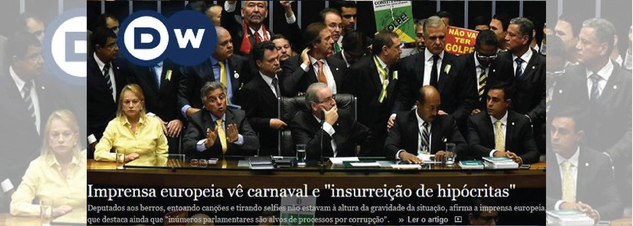 "Por óbvio, ainda esta madrugada, o Brasil virou uma piada vergonhosa na imprensa internacional, com o dantesco espetáculo promovido ontem pela mediocridade hipócrita dos golpistas", diz o jornalista Fernando Brito, do Tijolaço; numa análise assinada intitulada "A insurreição dos hipócritas", o site da revista Der Spiegel afirma que o Congresso brasileiro mostrou sua "verdadeira cara" e, com o uso de meios "constitucionalmente questionáveis", colocou o "avariado navio Brasil" numa "robusta rota de direita" (Foto: Aquiles Lins) "Por óbvio, ainda esta madrugada, o Brasil virou uma piada vergonhosa na imprensa internacional, com o dantesco espetáculo promovido ontem pela mediocridade hipócrita dos golpistas", diz o jornalista Fernando Brito, do Tijolaço; numa análise assinada intitulada "A insurreição dos hipócritas", o site da revista Der Spiegel afirma que o Congresso brasileiro mostrou sua "verdadeira cara" e, com o uso de meios "constitucionalmente questionáveis", colocou o "avariado navio Brasil" numa "robusta rota de direita"