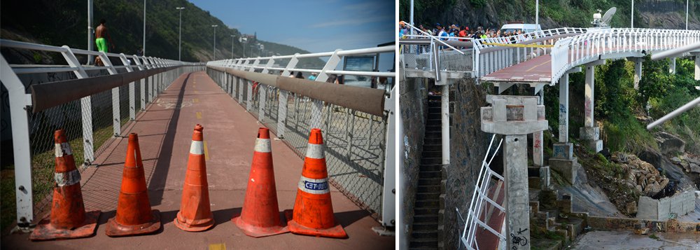 A Ciclovia Tim Maia, na Avenida Niemeyer, em São Conrado, na Zona Sul do Rio, não tem previsão para ser reaberta, após um trecho de 26 metros desabar, deixando duas pessoas mortas; o Corpo de Bombeiros faz buscas por possíveis outras vítimas por 48 horas, mas a área continua sendo monitorada; o comandante das Atividades de Salvamento Marítimo, coronel Marcelo Pinheiro, orienta a população para que, em caso de falta de qualquer pessoa possível vítima do acidente, acione imediatamente a corporação; a ciclovia, que é suspensa e junto ao mar, teve um pedaço de mais de 50 metros arrancado pela água (Foto: Leonardo Lucena) A Ciclovia Tim Maia, na Avenida Niemeyer, em São Conrado, na Zona Sul do Rio, não tem previsão para ser reaberta, após um trecho de 26 metros desabar, deixando duas pessoas mortas; o Corpo de Bombeiros faz buscas por possíveis outras vítimas por 48 horas, mas a área continua sendo monitorada; o comandante das Atividades de Salvamento Marítimo, coronel Marcelo Pinheiro, orienta a população para que, em caso de falta de qualquer pessoa possível vítima do acidente, acione imediatamente a corporação; a ciclovia, que é suspensa e junto ao mar, teve um pedaço de mais de 50 metros arrancado pela água