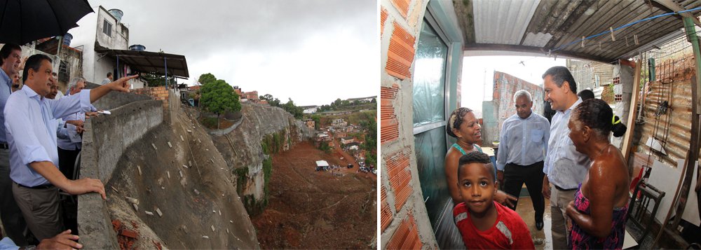 No dia em que Salvador completa 467 anos, os moradores do bairro da Palestina receberam a maior obra de contenção de encosta entregue pelo governador Rui Costa, na Rua Suécia, na manhã desta terça-feira; mais de três mil pessoas são beneficiadas com a obra; "Pela altura aqui dá para perceber o quanto essas famílias estavam em risco. Agora, mesmo chovendo, elas estão protegidas e podem ter um sono tranqüilo. O investimento foi grande, só nesta etapa foram mais de R$ 6 milhões", disse Rui (Foto: Romulo Faro) No dia em que Salvador completa 467 anos, os moradores do bairro da Palestina receberam a maior obra de contenção de encosta entregue pelo governador Rui Costa, na Rua Suécia, na manhã desta terça-feira; mais de três mil pessoas são beneficiadas com a obra; "Pela altura aqui dá para perceber o quanto essas famílias estavam em risco. Agora, mesmo chovendo, elas estão protegidas e podem ter um sono tranqüilo. O investimento foi grande, só nesta etapa foram mais de R$ 6 milhões", disse Rui