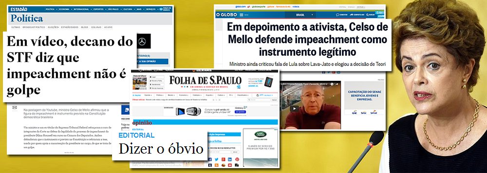 Prioridade dos três principais jornais engajados no golpe de 2016, Folha, Globo e Estado, que também agiram de forma coordenada para promover o regime militar de 1964, é encontrar luminares que repitam uma obviedade: que, "ao contrário do que a presidente Dilma Rousseff afirmou, impeachment não é golpe por estar previsto na Constituição"; trata-se, mais uma vez, de uma tentativa rasteira de manipulação da opinião pública, uma vez que Dilma sempre disse que o impeachment é um instrumento previsto na Constituição; no entanto, ele apenas se torna legítimo quando os responsáveis pelo processo são capazes de apontar o crime de responsabilidade cometido pela presidência da República – o que nem as famílias Frias, Mesquita ou Marinho fizeram até agora (Foto: Felipe L. Goncalves) Prioridade dos três principais jornais engajados no golpe de 2016, Folha, Globo e Estado, que também agiram de forma coordenada para promover o regime militar de 1964, é encontrar luminares que repitam uma obviedade: que, "ao contrário do que a presidente Dilma Rousseff afirmou, impeachment não é golpe por estar previsto na Constituição"; trata-se, mais uma vez, de uma tentativa rasteira de manipulação da opinião pública, uma vez que Dilma sempre disse que o impeachment é um instrumento previsto na Constituição; no entanto, ele apenas se torna legítimo quando os responsáveis pelo processo são capazes de apontar o crime de responsabilidade cometido pela presidência da República – o que nem as famílias Frias, Mesquita ou Marinho fizeram até agora