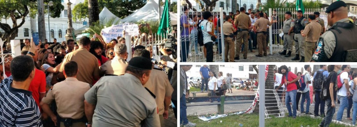 Contrários a apreciação do projeto de lei denominado "Escola Livre", que busca, por exemplo, impedir que professores façam comentários sobre política e religião em sala de aula, estudantes e professores protestaram à porta da Assembleia Legislativa de Alagoas; os manifestantes derrubaram parte da grade que separa a Praça Dom Pedro II e o prédio da ALE, ocasião em que a sessão teve de ser suspensa; gabinete militar do Legislativo pediu reforço policial (Foto: Voney Malta) Contrários a apreciação do projeto de lei denominado "Escola Livre", que busca, por exemplo, impedir que professores façam comentários sobre política e religião em sala de aula, estudantes e professores protestaram à porta da Assembleia Legislativa de Alagoas; os manifestantes derrubaram parte da grade que separa a Praça Dom Pedro II e o prédio da ALE, ocasião em que a sessão teve de ser suspensa; gabinete militar do Legislativo pediu reforço policial