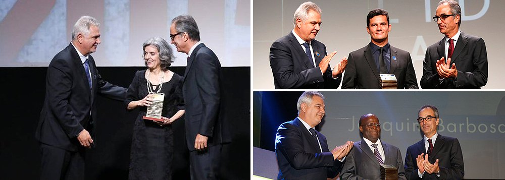 E a ministra, que será a próxima presidente do Supremo Tribunal Federal, exalta a Operação Lava Jato, "que cumpre as leis", e também diz que o impeachment não é golpe por estar previsto na Constituição – um truísmo, pois golpe, como afirmou a presidente Dilma Rousseff, é um impeachment sem crime de responsabilidade, como está ocorrendo no seu caso, sob intensa pressão da Globo; nos últimos dois anos, a emissora da família Marinho deu o prêmio Faz Diferença para dois juízes: Joaquim Barbosa e Sergio Moro, numa clara estratégia de cooptação do Poder Judiciário; dois ministros do STF, Marco Aurélio Mello e Teori Zavscki, definiram como crime a divulgação de grampos ilegais da presidente Dilma Rousseff (Foto: Leonardo Attuch) E a ministra, que será a próxima presidente do Supremo Tribunal Federal, exalta a Operação Lava Jato, "que cumpre as leis", e também diz que o impeachment não é golpe por estar previsto na Constituição – um truísmo, pois golpe, como afirmou a presidente Dilma Rousseff, é um impeachment sem crime de responsabilidade, como está ocorrendo no seu caso, sob intensa pressão da Globo; nos últimos dois anos, a emissora da família Marinho deu o prêmio Faz Diferença para dois juízes: Joaquim Barbosa e Sergio Moro, numa clara estratégia de cooptação do Poder Judiciário; dois ministros do STF, Marco Aurélio Mello e Teori Zavscki, definiram como crime a divulgação de grampos ilegais da presidente Dilma Rousseff