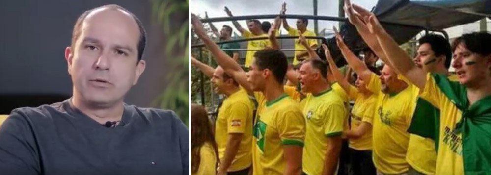 Um dos líderes do Movimento Brasil Livre (MBL) em Joinville (SC), Roberto Freitas esclarece que a foto divulgada em diversos portais com a informação de que os manifestantes estivessem fazendo uma saudação nazista foi batida "de propósito", "num ângulo desfavorável", apenas para prejudicar o movimento; ele mostra um vídeo do grupo que, naquele momento, estava de braços levantados cantando o Hino da Independência (Foto: Gisele Federicce) Um dos líderes do Movimento Brasil Livre (MBL) em Joinville (SC), Roberto Freitas esclarece que a foto divulgada em diversos portais com a informação de que os manifestantes estivessem fazendo uma saudação nazista foi batida "de propósito", "num ângulo desfavorável", apenas para prejudicar o movimento; ele mostra um vídeo do grupo que, naquele momento, estava de braços levantados cantando o Hino da Independência