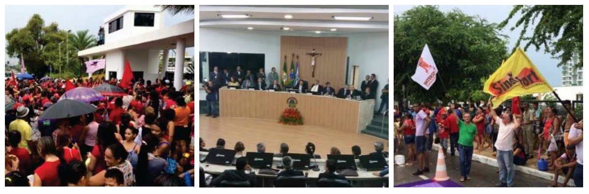 Na solenidade abertura dos trabalhos da Câmara Municipal de Fortaleza (CMF), na manhã de hoje, o Sindicato dos Servidores e Empregados Públicos da Prefeitura de Fortaleza (Sindifort) realizou um ato público, em protesto contra o pacote de ajustes divulgado pela Prefeitura de Fortaleza no último dia 23; o Sindifort é contra o corte de 30% nas despesas com pessoal; o ato também denunciou o aumento das tarifas de ônibus; o prefeito Roberto Cláudio participou da solenidade
(Foto: Fatima 247) Na solenidade abertura dos trabalhos da Câmara Municipal de Fortaleza (CMF), na manhã de hoje, o Sindicato dos Servidores e Empregados Públicos da Prefeitura de Fortaleza (Sindifort) realizou um ato público, em protesto contra o pacote de ajustes divulgado pela Prefeitura de Fortaleza no último dia 23; o Sindifort é contra o corte de 30% nas despesas com pessoal; o ato também denunciou o aumento das tarifas de ônibus; o prefeito Roberto Cláudio participou da solenidade