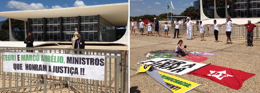 Um grupo de pessoas sem ligação com sindicatos nem movimentos sociais organizados fez um ato de desagravo aos ministros do Supremo Teori Zavascki e Marco Aurélio Mello, 'ministros que honram a Justiça', segundo uma das faixas; 'Em defesa da democracia', os manifestantes também pediram que a corte interfira para que o deputado Eduardo Cunha (PMDB-RJ) deixe a presidência da Câmara (Foto: Romulo Faro) Um grupo de pessoas sem ligação com sindicatos nem movimentos sociais organizados fez um ato de desagravo aos ministros do Supremo Teori Zavascki e Marco Aurélio Mello, 'ministros que honram a Justiça', segundo uma das faixas; 'Em defesa da democracia', os manifestantes também pediram que a corte interfira para que o deputado Eduardo Cunha (PMDB-RJ) deixe a presidência da Câmara