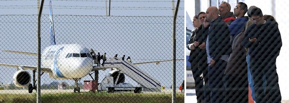 O homem que desviou um avião do Egito para o Chipre foi detido pelas força de segurança locais; informação foi divulgada minutos depois de quatro das sete pessoas que o homem mantinha reféns terem abandonado a aeronave, três pela porta e outra pela janela da cabine dos pilotos; o Airbus A-320 da EgyptAir fazia a ligação entre Alexandria, no Norte do Egito, e o Cairo, e foi desviado para Larnaca, no Sul da ilha de Chipre; segundo o presidente de Chipre, Nicos Anastasiades, as motivações do sequestro ainda não são claras, mas "não estão ligadas ao terrorismo" (Foto: Paulo Emílio) O homem que desviou um avião do Egito para o Chipre foi detido pelas força de segurança locais; informação foi divulgada minutos depois de quatro das sete pessoas que o homem mantinha reféns terem abandonado a aeronave, três pela porta e outra pela janela da cabine dos pilotos; o Airbus A-320 da EgyptAir fazia a ligação entre Alexandria, no Norte do Egito, e o Cairo, e foi desviado para Larnaca, no Sul da ilha de Chipre; segundo o presidente de Chipre, Nicos Anastasiades, as motivações do sequestro ainda não são claras, mas "não estão ligadas ao terrorismo"
