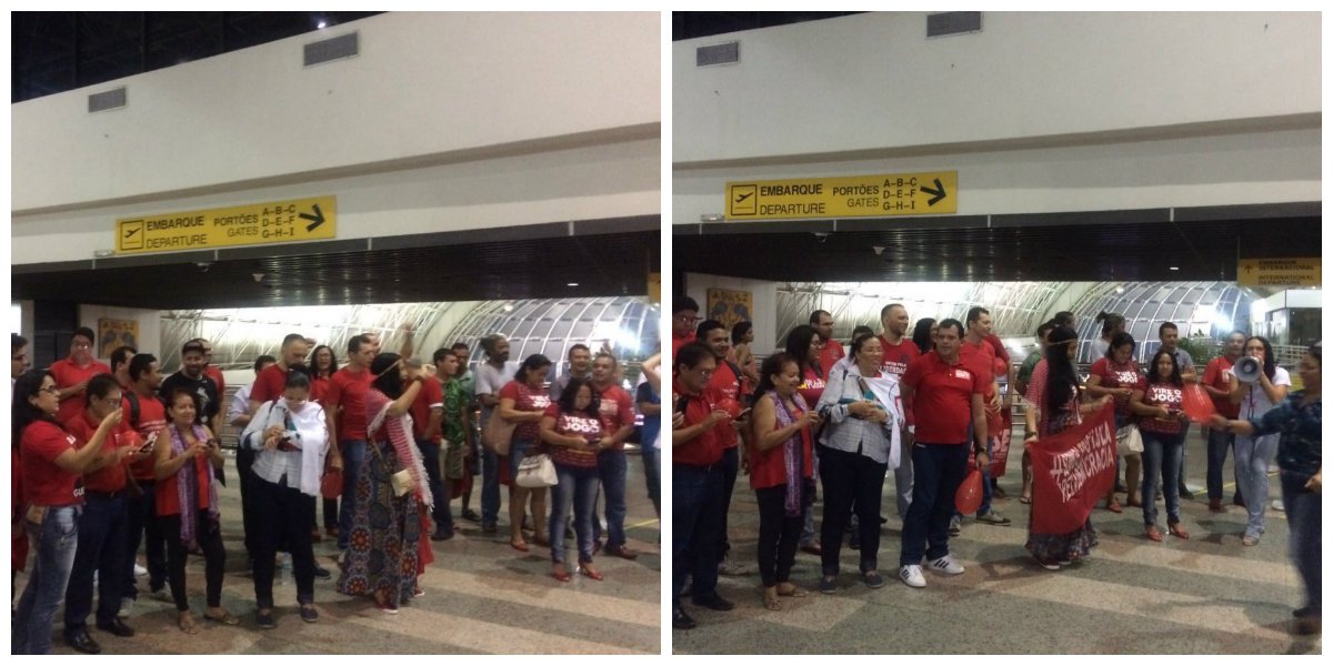 As atividades de mobilização dos movimentos sociais contra o golpe começaram hoje, desde as 4h30m, no aeroporto Pinto Martins. Militantes ocuparam o saguão do aeroporto Pinto Martins para recepcionar os parlamentares cearenses que embarcavam para Brasília (Foto: Fatima 247) As atividades de mobilização dos movimentos sociais contra o golpe começaram hoje, desde as 4h30m, no aeroporto Pinto Martins. Militantes ocuparam o saguão do aeroporto Pinto Martins para recepcionar os parlamentares cearenses que embarcavam para Brasília