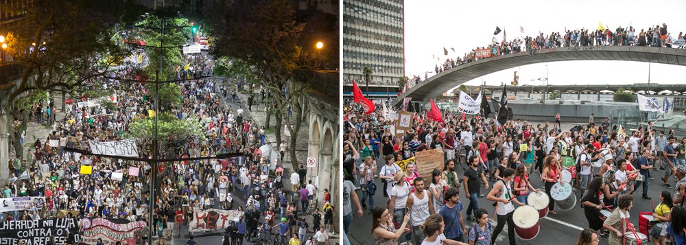 Servidores estaduais ligados às fundações cuja extinção foi proposta pelo Estado esta semana, estudantes das ocupações universitárias e secundaristas, centrais sindicais e mulheres ligadas a movimentos sociais protestaram pelas ruas de Porto Alegres nessa sexta-feira, 25, contra o pacote de medidas de austeridade anunciadas pelo governador José Ivo Sartori e contra a PEC 241/55 do teto de gastos do governo Michel Temer (Foto: Aquiles Lins) Servidores estaduais ligados às fundações cuja extinção foi proposta pelo Estado esta semana, estudantes das ocupações universitárias e secundaristas, centrais sindicais e mulheres ligadas a movimentos sociais protestaram pelas ruas de Porto Alegres nessa sexta-feira, 25, contra o pacote de medidas de austeridade anunciadas pelo governador José Ivo Sartori e contra a PEC 241/55 do teto de gastos do governo Michel Temer