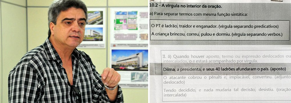 Apostilas entregues a alunos do 9º ano da escola municipal Antônia Antunes Arouca, em Caraguatatuba (SP), associam o PT e a presidente Dilma Rousseff a corrupção; em exercícios de língua Portuguesa sobre o o uso da vírgula, o texto diz: "O PT é ladrão, traidor e enganador (vírgula separando predicativos)"; em outro tópico, a apostila exemplifica o uso do aposto; "Dilma, a presidenta, e seus 40 ladrões afundaram o país"; Caraguatatuba é administrada pelo prefeito Antonio Carlos da Silva, do PSDB (Foto: Gisele Federicce) Apostilas entregues a alunos do 9º ano da escola municipal Antônia Antunes Arouca, em Caraguatatuba (SP), associam o PT e a presidente Dilma Rousseff a corrupção; em exercícios de língua Portuguesa sobre o o uso da vírgula, o texto diz: "O PT é ladrão, traidor e enganador (vírgula separando predicativos)"; em outro tópico, a apostila exemplifica o uso do aposto; "Dilma, a presidenta, e seus 40 ladrões afundaram o país"; Caraguatatuba é administrada pelo prefeito Antonio Carlos da Silva, do PSDB