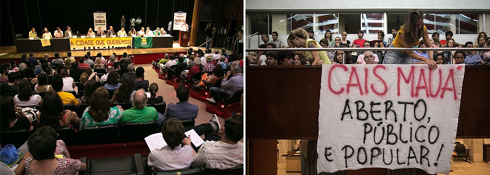 Fepresentantes de movimentos sociais e da sociedade civil pediram a rescisão da licitação e do contrato da empresa responsável pelas obras no Cais Mauá; os participantes lotaram o Teatro Dante Barone para debater os impactos do projeto, que estaria em inconformidade com a legislação ambiental e urbanística, destacando concordar com a necessidade de revitalização do local, mas não aceitar que o processo tenha sido feito sem consulta popular; deputados da Comissão de Saúde e Meio Ambiente presentes na audiência se comprometeram a tentar formar uma Frente Parlamentar “institucional e social” para discutir a revitalização; apesar de convidadas, a Prefeitura e a Cais Mauá do Brasil S.A não estiveram presentes na audiência (Foto: Leonardo Lucena) Fepresentantes de movimentos sociais e da sociedade civil pediram a rescisão da licitação e do contrato da empresa responsável pelas obras no Cais Mauá; os participantes lotaram o Teatro Dante Barone para debater os impactos do projeto, que estaria em inconformidade com a legislação ambiental e urbanística, destacando concordar com a necessidade de revitalização do local, mas não aceitar que o processo tenha sido feito sem consulta popular; deputados da Comissão de Saúde e Meio Ambiente presentes na audiência se comprometeram a tentar formar uma Frente Parlamentar “institucional e social” para discutir a revitalização; apesar de convidadas, a Prefeitura e a Cais Mauá do Brasil S.A não estiveram presentes na audiência