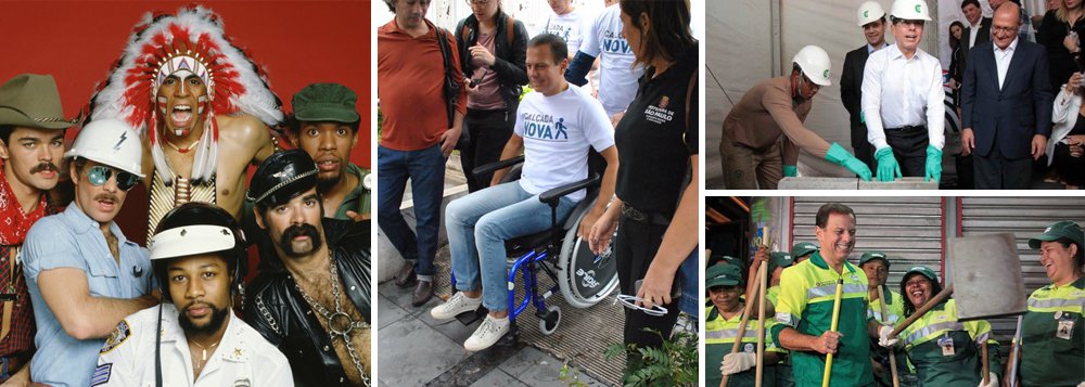 "O prefeito de São Paulo pode ter problemas na Justiça em breve. Após aparecer fantasiado de várias profissões, Doria estaria a uma fantasia de índio de ser processado pelo grupo americano Village People", noticia o Sensacionalista; desde que tomou posse, Doria já se fantasiou de gari, cadeirante e pedreiro, entre outras profissões; relembre o maior sucesso do Village (Foto: Leonardo Attuch) "O prefeito de São Paulo pode ter problemas na Justiça em breve. Após aparecer fantasiado de várias profissões, Doria estaria a uma fantasia de índio de ser processado pelo grupo americano Village People", noticia o Sensacionalista; desde que tomou posse, Doria já se fantasiou de gari, cadeirante e pedreiro, entre outras profissões; relembre o maior sucesso do Village