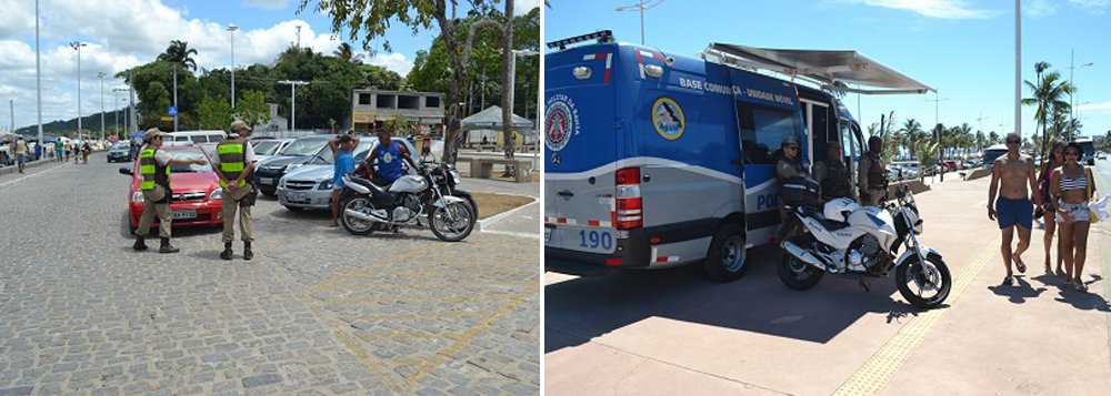 A Polícia Militar reforçou a segurança de banhistas, comerciantes e turistas na orla de Salvador; a 15ª CIPM, unidade responsável pelo policiamento nas praias de Piatã e Itapuã, teve apoio do Esquadrão de Motociclistas Águia, da Operação Verão, da Companhia de Polícia e Proteção Ambiental, da Operação Apolo e do Centro de Formação e Aperfeiçoamento de Praças, por meio de alunos soldados, que estão estagiando na companhia; viaturas, bases móveis e o motopatrulhamento foram utilizados pontos estratégicos na extensão da orla para coibir roubos e furtos na região no domingo (13) (Foto: Romulo Faro) A Polícia Militar reforçou a segurança de banhistas, comerciantes e turistas na orla de Salvador; a 15ª CIPM, unidade responsável pelo policiamento nas praias de Piatã e Itapuã, teve apoio do Esquadrão de Motociclistas Águia, da Operação Verão, da Companhia de Polícia e Proteção Ambiental, da Operação Apolo e do Centro de Formação e Aperfeiçoamento de Praças, por meio de alunos soldados, que estão estagiando na companhia; viaturas, bases móveis e o motopatrulhamento foram utilizados pontos estratégicos na extensão da orla para coibir roubos e furtos na região no domingo (13)