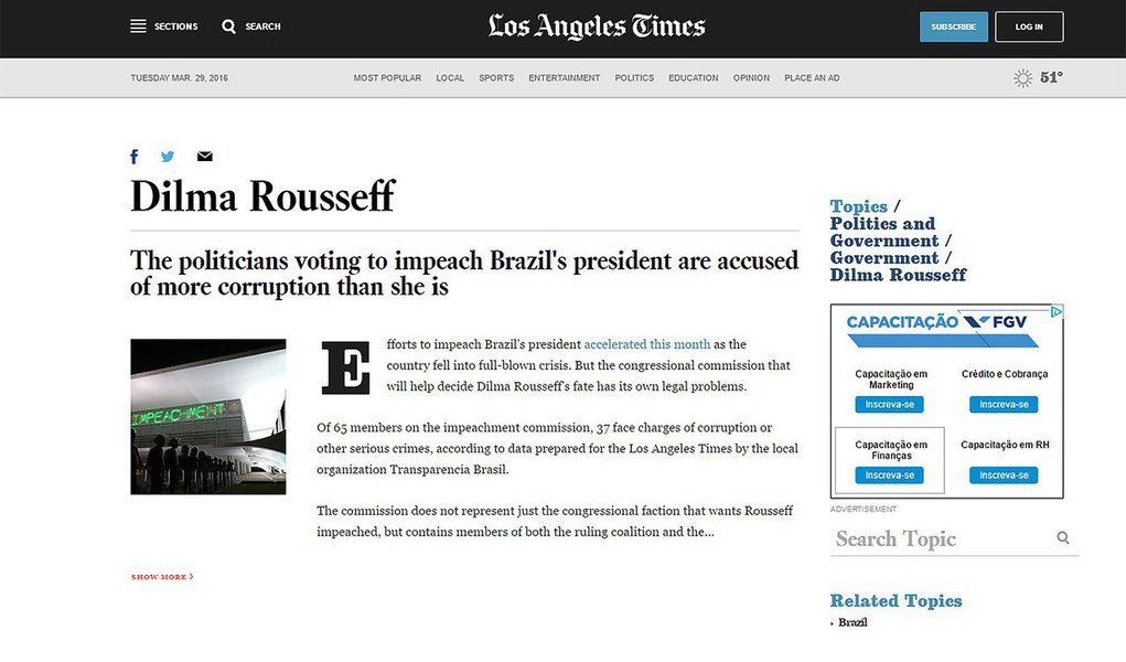 Na reportagem, assinada por Vicent Bevins, o jornal lembra que dos 65 membros da comissão de impeachment, 37 enfrentam acusações de corrupção ou outros crimes graves, “de acordo com dados preparados para o Los Angeles Times pela organização local Transparência Brasil”; “Rousseff, por outro lado, nunca foi formalmente investigada ou acusada de corrupção, embora esteja altamente impopular e politicamente responsabilizada pela recessão profunda no país”, diz o jornal (Foto: Roberta Namour) Na reportagem, assinada por Vicent Bevins, o jornal lembra que dos 65 membros da comissão de impeachment, 37 enfrentam acusações de corrupção ou outros crimes graves, “de acordo com dados preparados para o Los Angeles Times pela organização local Transparência Brasil”; “Rousseff, por outro lado, nunca foi formalmente investigada ou acusada de corrupção, embora esteja altamente impopular e politicamente responsabilizada pela recessão profunda no país”, diz o jornal