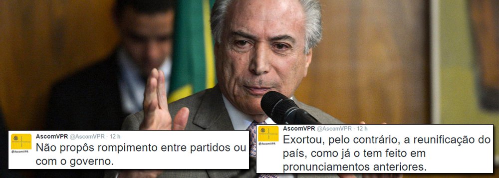 Por meio de sua conta no Twitter, a vice-presidência criticou a divulgação da carta de Michel Temer à presidente Dilma Rousseff, e nega que Temer tenha pragado o rompimento com o governo; "Não propôs rompimento entre partidos ou com o governo", diz; "Exortou, pelo contrário, a reunificação do país, como já o tem feito em pronunciamentos anteriores. E manterá a discussão pessoal privada no campo privado", completa (Foto: Aquiles Lins) Por meio de sua conta no Twitter, a vice-presidência criticou a divulgação da carta de Michel Temer à presidente Dilma Rousseff, e nega que Temer tenha pragado o rompimento com o governo; "Não propôs rompimento entre partidos ou com o governo", diz; "Exortou, pelo contrário, a reunificação do país, como já o tem feito em pronunciamentos anteriores. E manterá a discussão pessoal privada no campo privado", completa