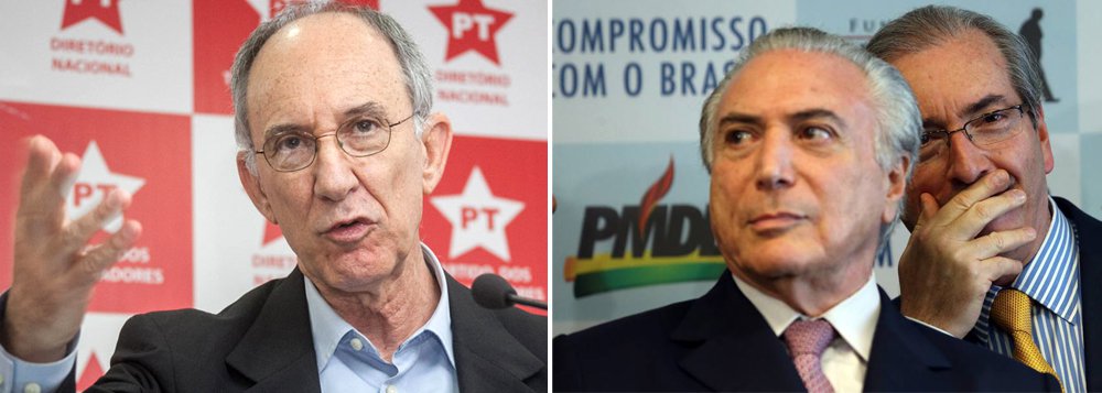 Presidente do PT, Rui Falcão, apontou "motivos sinistros" dos que tentam tirar Dilma Rousseff do poder, como o de abafar as investigações da Operação Lava Jato; segundo ele, tanto o vice-presidente Michel Temer como o presidente da Câmara, Eduardo Cunha (PMDB-RJ), "acenam com a expectativa de que o combate à corrupção seja interrompido" daqui para a frente; "É de se supor, então, que muitos alimentem a ideia de que as investigações serão barradas. Esse é um dos motivos sinistros que se escondem atrás do golpe, além da troca de cargos", disse (Foto: Roberta Namour) Presidente do PT, Rui Falcão, apontou "motivos sinistros" dos que tentam tirar Dilma Rousseff do poder, como o de abafar as investigações da Operação Lava Jato; segundo ele, tanto o vice-presidente Michel Temer como o presidente da Câmara, Eduardo Cunha (PMDB-RJ), "acenam com a expectativa de que o combate à corrupção seja interrompido" daqui para a frente; "É de se supor, então, que muitos alimentem a ideia de que as investigações serão barradas. Esse é um dos motivos sinistros que se escondem atrás do golpe, além da troca de cargos", disse