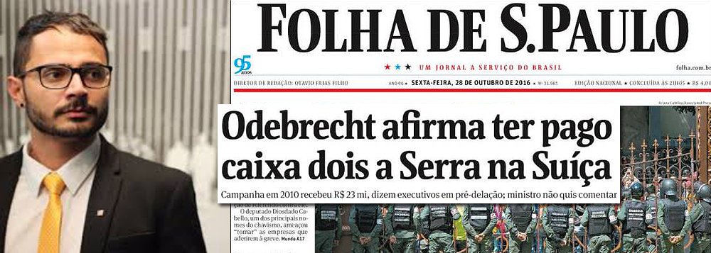 Jornalista relaciona a notícia divulgada hoje pela colunista Mônica Bergamo, de que o tesoureiro de José Serra aderiu ao programa de repatriação de recursos do governo, à capa da Folha de S.Paulo que denunciou o pagamento de propina de R$ 23 milhões ao tucano na Suíça; "Então aquela capa foi para justificar a legalização dos recursos? Rapaz...", comentou George Marques, em resposta a um post do também jornalista Pedro Alexandre Sanches; "Começa a aparecer o motivo de a Folha ter dado manchete pra propina do Coisa?", perguntou Sanches (Foto: Gisele Federicce) Jornalista relaciona a notícia divulgada hoje pela colunista Mônica Bergamo, de que o tesoureiro de José Serra aderiu ao programa de repatriação de recursos do governo, à capa da Folha de S.Paulo que denunciou o pagamento de propina de R$ 23 milhões ao tucano na Suíça; "Então aquela capa foi para justificar a legalização dos recursos? Rapaz...", comentou George Marques, em resposta a um post do também jornalista Pedro Alexandre Sanches; "Começa a aparecer o motivo de a Folha ter dado manchete pra propina do Coisa?", perguntou Sanches