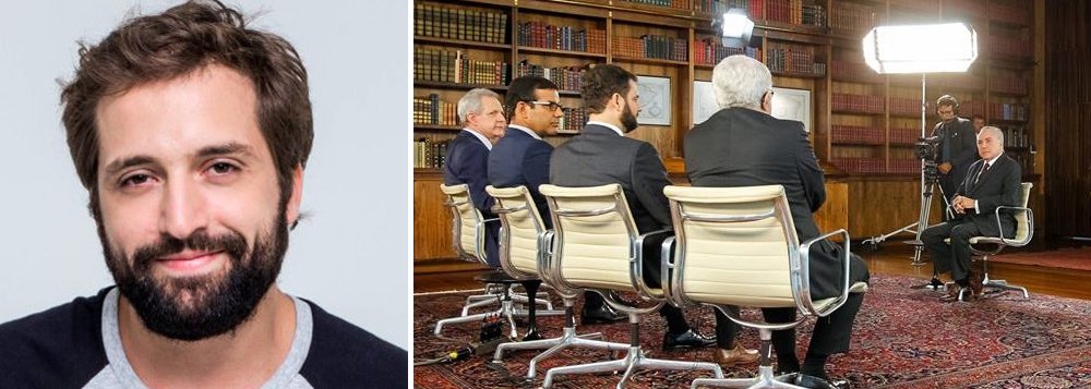 "Se tem uma coisa que aprendi a venerar é o jornalismo investigativo, aquele que diz que o rei está nu e ainda denuncia: tem pau pequeno. O pessoal do 'Roda Viva', ao ver o rei nu, elogia: 'Que pau bonito, hein, majestade! Fale mais sobre como é que o senhor faz pra manter um pau bonito como esse. Posso dar uma brincada?'", diz Gregório Duvivier, ao comentar o Roda Viva chapa-branca com Michel Temer (Foto: Leonardo Attuch) "Se tem uma coisa que aprendi a venerar é o jornalismo investigativo, aquele que diz que o rei está nu e ainda denuncia: tem pau pequeno. O pessoal do 'Roda Viva', ao ver o rei nu, elogia: 'Que pau bonito, hein, majestade! Fale mais sobre como é que o senhor faz pra manter um pau bonito como esse. Posso dar uma brincada?'", diz Gregório Duvivier, ao comentar o Roda Viva chapa-branca com Michel Temer