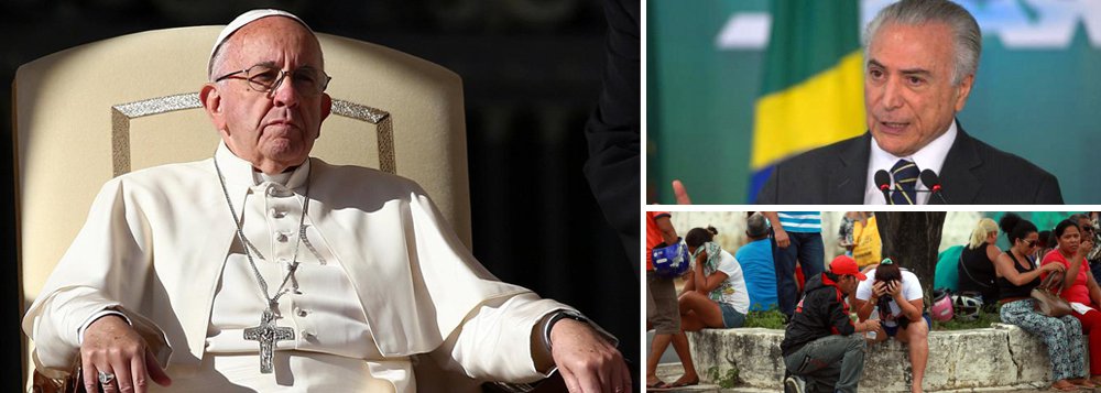 "Ontem recebemos a notícia dramática do massacre em uma prisão de Manaus, onde um confronto extremamente violento entre gangues rivais provocou dezenas de mortos. Estou sofrendo e preocupado com o que aconteceu", disse o papa Francisco durante um pronunciamento regular; "Peço orações pelos mortos, por suas famílias, por todos os presos nessa prisão e por todos que trabalham lá. Também apelo novamente para que todas as instituições penitenciárias sejam locais de reeducação e reintrodução à sociedade, e para que os presos vivam em condições adequadas para seres humanos"; ontem, Michel Temer decidiu que não irá comentar a tragédia (Foto: Leonardo Attuch) "Ontem recebemos a notícia dramática do massacre em uma prisão de Manaus, onde um confronto extremamente violento entre gangues rivais provocou dezenas de mortos. Estou sofrendo e preocupado com o que aconteceu", disse o papa Francisco durante um pronunciamento regular; "Peço orações pelos mortos, por suas famílias, por todos os presos nessa prisão e por todos que trabalham lá. Também apelo novamente para que todas as instituições penitenciárias sejam locais de reeducação e reintrodução à sociedade, e para que os presos vivam em condições adequadas para seres humanos"; ontem, Michel Temer decidiu que não irá comentar a tragédia