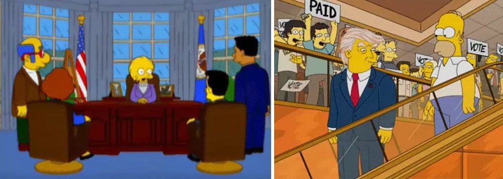 Episódio exibido em março de 2000 da série The Simpsons mostrou o empresário norte-americano Donald Trump como presidente dos EUA; no episódio "Bart to The Future", a personagem Lisa Simpson se torna presidente dos EUA após o mandato de Trump e diz que "herdou uma grande dívida" e que "o país estava quebrado"; "Parecia lógico que essa seria a última parada antes de atingir o fundo do poço. Foi colocado no episódio porque combinava com a visão de que os EUA estavam ficando loucos", afirmou o roteirista da história Dan Greaney, em março deste ano (Foto: Aquiles Lins) Episódio exibido em março de 2000 da série The Simpsons mostrou o empresário norte-americano Donald Trump como presidente dos EUA; no episódio "Bart to The Future", a personagem Lisa Simpson se torna presidente dos EUA após o mandato de Trump e diz que "herdou uma grande dívida" e que "o país estava quebrado"; "Parecia lógico que essa seria a última parada antes de atingir o fundo do poço. Foi colocado no episódio porque combinava com a visão de que os EUA estavam ficando loucos", afirmou o roteirista da história Dan Greaney, em março deste ano