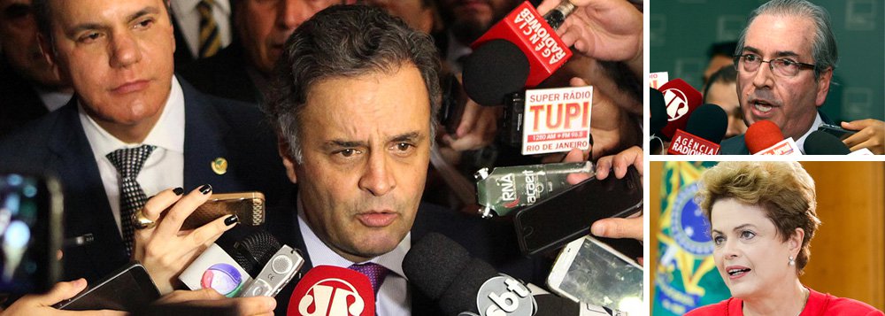 O presidente do PSDB, senador Aécio Neves, elogiou a decisão do presidente da Câmara, Eduardo Cunha (PMDB), de acatar o pedido de abertura do processo de impeachment contra a presidente Dilma Rousseff; "O presidente da Câmara dos Deputados tomou uma decisão que lhe cabia. Uma decisão ancorada naquilo que prevê a Constituição. A peça produzida pelos juristas Miguel Reali e Hélio Bicudo é uma peça extremamente consistente", disse; segundo o tucano, "qualquer saída para este impasse em que a irresponsabilidade do governo do PT mergulhou o país, se dará dentro daquilo que a Constituição determina"; "O que posso dizer é que há um sentimento na sociedade brasileira para iniciarmos um novo momento no Brasil", completou (Foto: Valter Lima) www.brasil247.com - O presidente do PSDB, senador Aécio Neves, elogiou a decisão do presidente da Câmara, Eduardo Cunha (PMDB), de acatar o pedido de abertura do processo de impeachment contra a presidente Dilma Rousseff; "O presidente da Câmara dos Deputados tomou uma decisão que lhe cabia. Uma decisão ancorada naquilo que prevê a Constituição. A peça produzida pelos juristas Miguel Reali e Hélio Bicudo é uma peça extremamente consistente", disse; segundo o tucano, "qualquer saída para este impasse em que a irresponsabilidade do governo do PT mergulhou o país, se dará dentro daquilo que a Constituição determina"; "O que posso dizer é que há um sentimento na sociedade brasileira para iniciarmos um novo momento no Brasil", completou