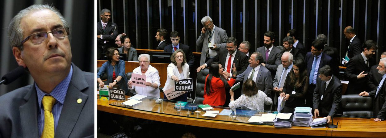 Deputadas federais de partidos de esquerda se revoltaram contra mais uma manobra do presidente da Câmara, Eduardo Cunha (PMDB-RJ) e ocuparam a Mesa Diretora, levando assim à suspensão da sessão da noite desta quarta (27); a confusão iniciou quando Cunha decidiu manter a votação do projeto que cria comissões na Casa, contrariando manifestação dos deputados em plenário, majoritariamente contrária; parlamentares se revoltaram e subiram à mesa do plenário; Moema Gramacho (PT-BA) e Luiza Erundina (PSOL-SP), entre outras, permaneceram todo o tempo ao lado de Cunha, na mesa, protestando contra a decisão; acuado, ele deixou o plenário (Foto: Valter Lima) Deputadas federais de partidos de esquerda se revoltaram contra mais uma manobra do presidente da Câmara, Eduardo Cunha (PMDB-RJ) e ocuparam a Mesa Diretora, levando assim à suspensão da sessão da noite desta quarta (27); a confusão iniciou quando Cunha decidiu manter a votação do projeto que cria comissões na Casa, contrariando manifestação dos deputados em plenário, majoritariamente contrária; parlamentares se revoltaram e subiram à mesa do plenário; Moema Gramacho (PT-BA) e Luiza Erundina (PSOL-SP), entre outras, permaneceram todo o tempo ao lado de Cunha, na mesa, protestando contra a decisão; acuado, ele deixou o plenário