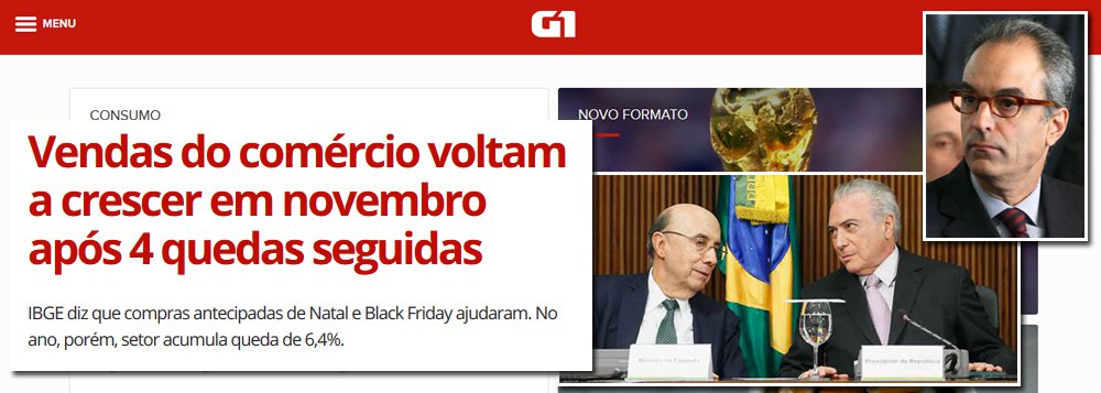 Embora as vendas do comércio tenham caído 3,5% em novembro, na comparação com o mesmo mês do ano passado, o portal G1, da Globo, distorce os dados e compara novembro com outubro, para tentar mostra um fictício crescimento de 2% após quatro meses de queda; como em novembro e dezembro as vendas sempre crescem, assim como caem em janeiro, em razão da sazonalidade, o padrão correto é usar sempre as mesmas bases de comparação, ou seja, novembro de 2017 contra novembro de 2016; esforço da Globo visa criar uma percepção positiva diante do fracasso econômico do golpe que ela avalizou, representado na figura de Michel Temer (Foto: Leonardo Attuch) Embora as vendas do comércio tenham caído 3,5% em novembro, na comparação com o mesmo mês do ano passado, o portal G1, da Globo, distorce os dados e compara novembro com outubro, para tentar mostra um fictício crescimento de 2% após quatro meses de queda; como em novembro e dezembro as vendas sempre crescem, assim como caem em janeiro, em razão da sazonalidade, o padrão correto é usar sempre as mesmas bases de comparação, ou seja, novembro de 2017 contra novembro de 2016; esforço da Globo visa criar uma percepção positiva diante do fracasso econômico do golpe que ela avalizou, representado na figura de Michel Temer