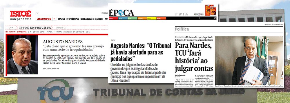 Por mais que negue, o ministro Augusto Nardes, do TCU, não fez outra coisa nos últimos meses, a não ser conceder entrevistas sobre o julgamento do caso sobre as chamadas 'pedaladas fiscais'; em 30 de abril de 2015, quando o governo nem tinha apresentado sua defesa, ele afirmou "estar claro" o que chamou de "arranjo com uma série de ilegalidades", em entrevista à revista Istoé; em julho de 2015, falando à Época, repetiu a tese; mais recentemente, ao Valor, disse que o TCU "fará história"; no entanto, a Lei Orgânica da Magistratura veda expressamente que ministros e juízos antecipem seus votos pela imprensa; Nardes, no entanto, preferiu o pacto com a mídia, que até o lançou à presidência, numa coluna de Ricardo Noblat, em que ele foi chamado de 'ministro desassombrado' (Foto: Leonardo Attuch) Por mais que negue, o ministro Augusto Nardes, do TCU, não fez outra coisa nos últimos meses, a não ser conceder entrevistas sobre o julgamento do caso sobre as chamadas 'pedaladas fiscais'; em 30 de abril de 2015, quando o governo nem tinha apresentado sua defesa, ele afirmou "estar claro" o que chamou de "arranjo com uma série de ilegalidades", em entrevista à revista Istoé; em julho de 2015, falando à Época, repetiu a tese; mais recentemente, ao Valor, disse que o TCU "fará história"; no entanto, a Lei Orgânica da Magistratura veda expressamente que ministros e juízos antecipem seus votos pela imprensa; Nardes, no entanto, preferiu o pacto com a mídia, que até o lançou à presidência, numa coluna de Ricardo Noblat, em que ele foi chamado de 'ministro desassombrado'