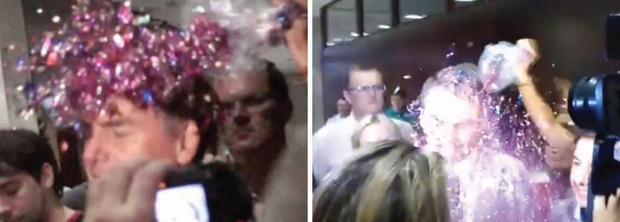 Deputado federal Jair Bolsonaro (PP-RJ) participava nesta terça-feira, 26, de uma cerimônia que o homenageava na Assembleia Legislativa gaúcha e foi surpreendido com a presença de dezenas de manifestantes que, entre gritos de ordem contra a homofobia, promoveram um 'beijaço'; pouco depois, quando o parlamentar concedia uma entrevista, jovens do Levante Popular da Juventude o encobriram com purpurina (Foto: Aquiles Lins) Deputado federal Jair Bolsonaro (PP-RJ) participava nesta terça-feira, 26, de uma cerimônia que o homenageava na Assembleia Legislativa gaúcha e foi surpreendido com a presença de dezenas de manifestantes que, entre gritos de ordem contra a homofobia, promoveram um 'beijaço'; pouco depois, quando o parlamentar concedia uma entrevista, jovens do Levante Popular da Juventude o encobriram com purpurina