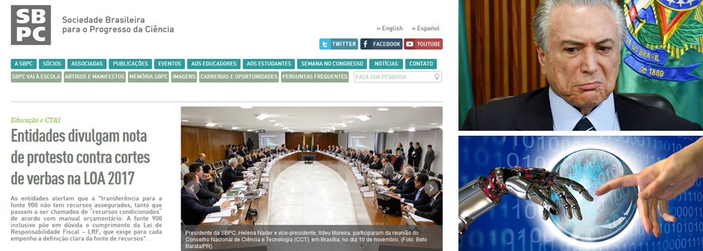 A Sociedade Brasileira para o Progresso da Ciência (SBPC) e outras cinco entidades da área de Ciência, Tecnologia e Inovação, assinaram nota de protesto contra a "operação desastrosa" feita no Orçamento que repercutirá na redução dos investimentos para o setor; "As entidades vêm a público denunciar a operação desastrosa feita pelo Congresso Nacional na Lei Orçamentária Anual com a criação de uma nova fonte de recursos (fonte 900) retirando verbas das áreas de educação e C,T&I. Esses recursos estavam antes assegurados pela fonte 100, que tem pagamento garantido pelo Tesouro Nacional", afirma o documento (Foto: Valter Lima) A Sociedade Brasileira para o Progresso da Ciência (SBPC) e outras cinco entidades da área de Ciência, Tecnologia e Inovação, assinaram nota de protesto contra a "operação desastrosa" feita no Orçamento que repercutirá na redução dos investimentos para o setor; "As entidades vêm a público denunciar a operação desastrosa feita pelo Congresso Nacional na Lei Orçamentária Anual com a criação de uma nova fonte de recursos (fonte 900) retirando verbas das áreas de educação e C,T&I. Esses recursos estavam antes assegurados pela fonte 100, que tem pagamento garantido pelo Tesouro Nacional", afirma o documento