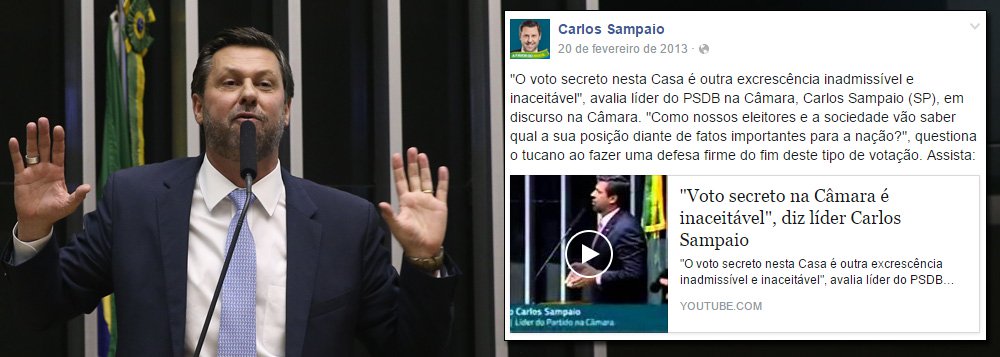 Deputado Carlos Sampaio (SP), líder do PSDB na Câmara, subiu à tribuna da Câmara em 2013 para classificar como "excrescência inadmissível e inaceitável" a prática do voto secreto nas sessões da Casa; "Como nossos eleitores vão saber qual é a sua posição de fatos importantes para a nação?", questionou à época; nesta semana, Sampaio foi um dos articuladores da chapa alternativa para a comissão do impeachment contra a presidente Dilma Rousseff, eleita em voto secreto (Foto: Aquiles Lins) Deputado Carlos Sampaio (SP), líder do PSDB na Câmara, subiu à tribuna da Câmara em 2013 para classificar como "excrescência inadmissível e inaceitável" a prática do voto secreto nas sessões da Casa; "Como nossos eleitores vão saber qual é a sua posição de fatos importantes para a nação?", questionou à época; nesta semana, Sampaio foi um dos articuladores da chapa alternativa para a comissão do impeachment contra a presidente Dilma Rousseff, eleita em voto secreto